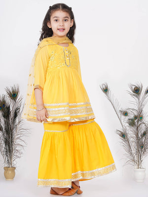 Little Bansi Cotton Gotta Patti Kurta frock with Sharara & Dupatta - Yellow - Distacart