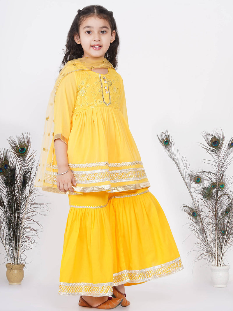 Little Bansi Cotton Gotta Patti Kurta frock with Sharara &amp; Dupatta - Yellow - Distacart