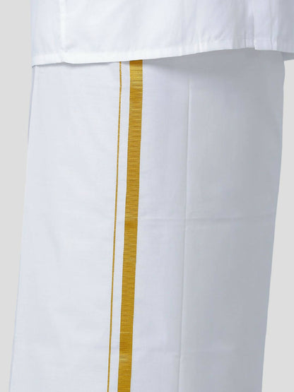 Ramraj Cotton Mens 1/4 " Poly Cotton Gold Jari Dhoti And Towel Set - White - Distacart