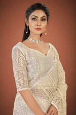 Thumbnail for Vamsee White Organza Saree - Distacart
