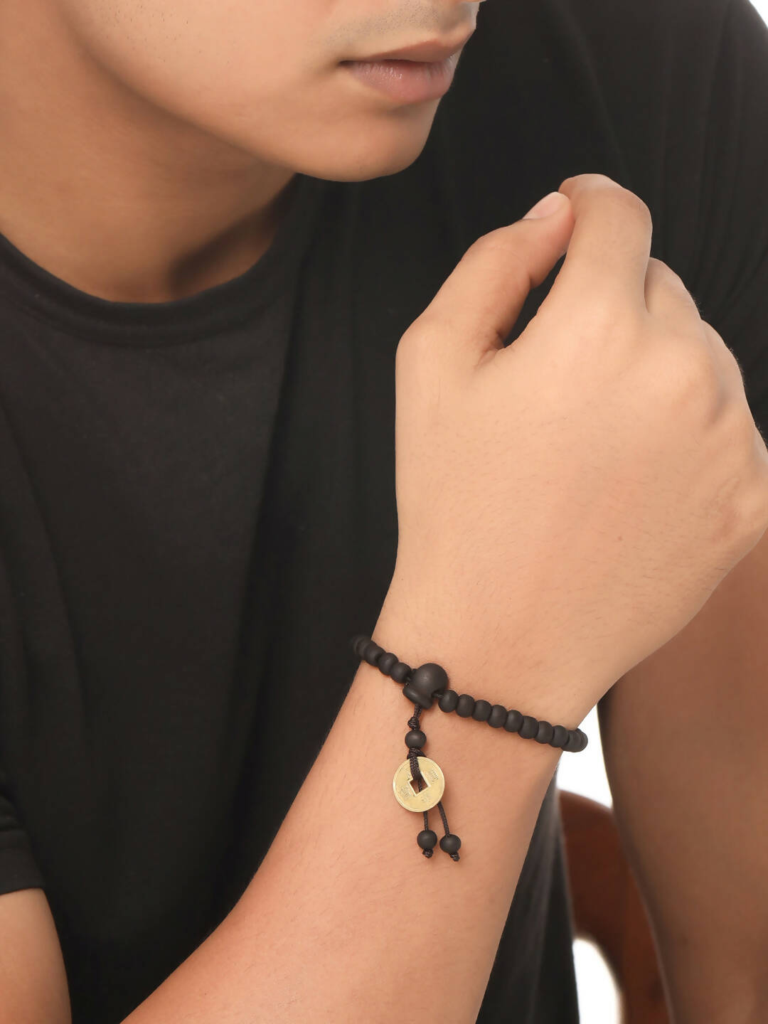 NVR Men's Black Beaded Adjustable Bracelet - Distacart