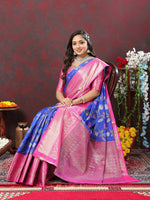Thumbnail for Lorenvalley Fashion Blue Cotton Woven Design Zari Meenakari Weaving Saree - Distacart