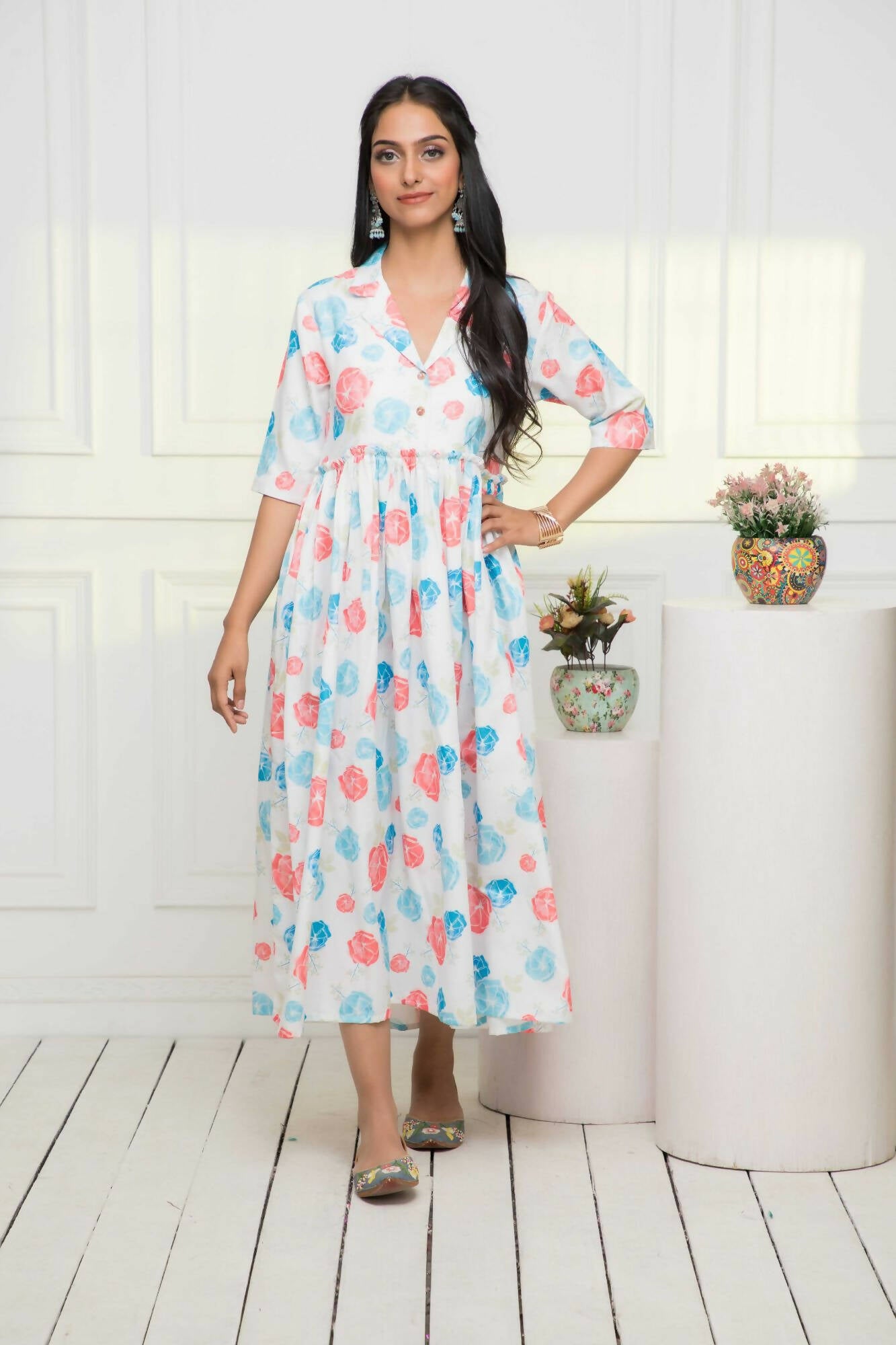 Myshka Women Multi - Floral Rayon A-Line V-Neck Dress - Distacart