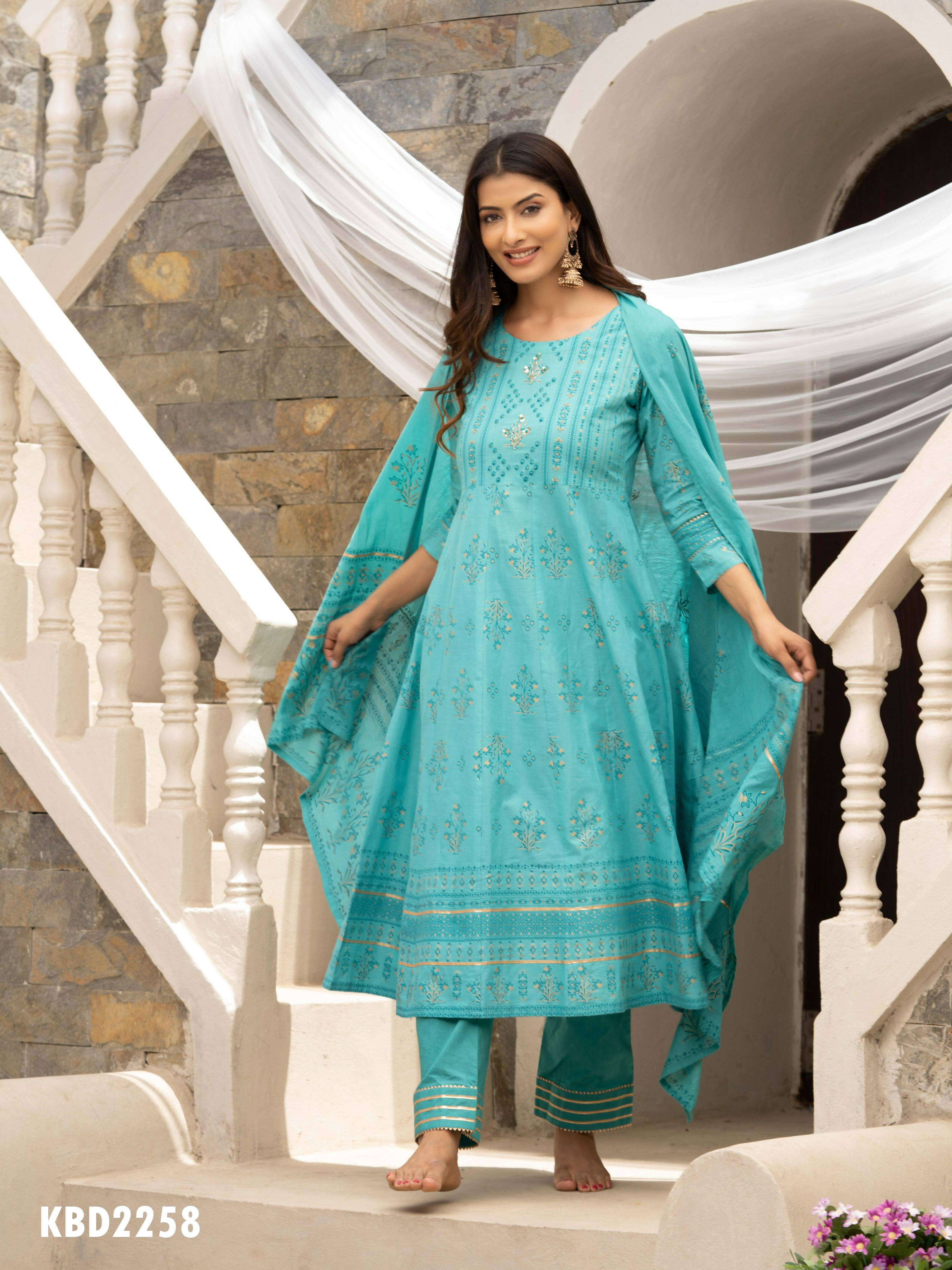 Sky Blue Cotton Cambric Printed with Sequins work Anarkali Kurta with Pant & Dupatta - Akashara - Distacart