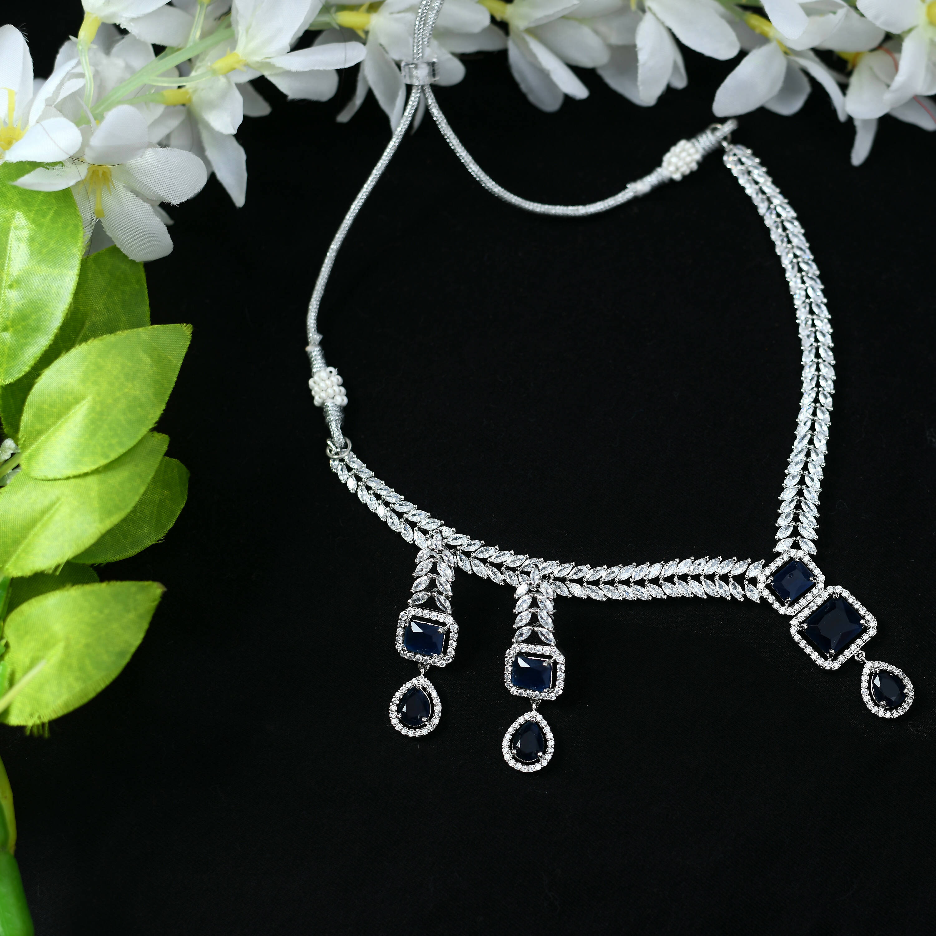 Mominos Fashion Johar Kamal Silver-Plated American Diamond Navy Blue Choker Set - Distacart