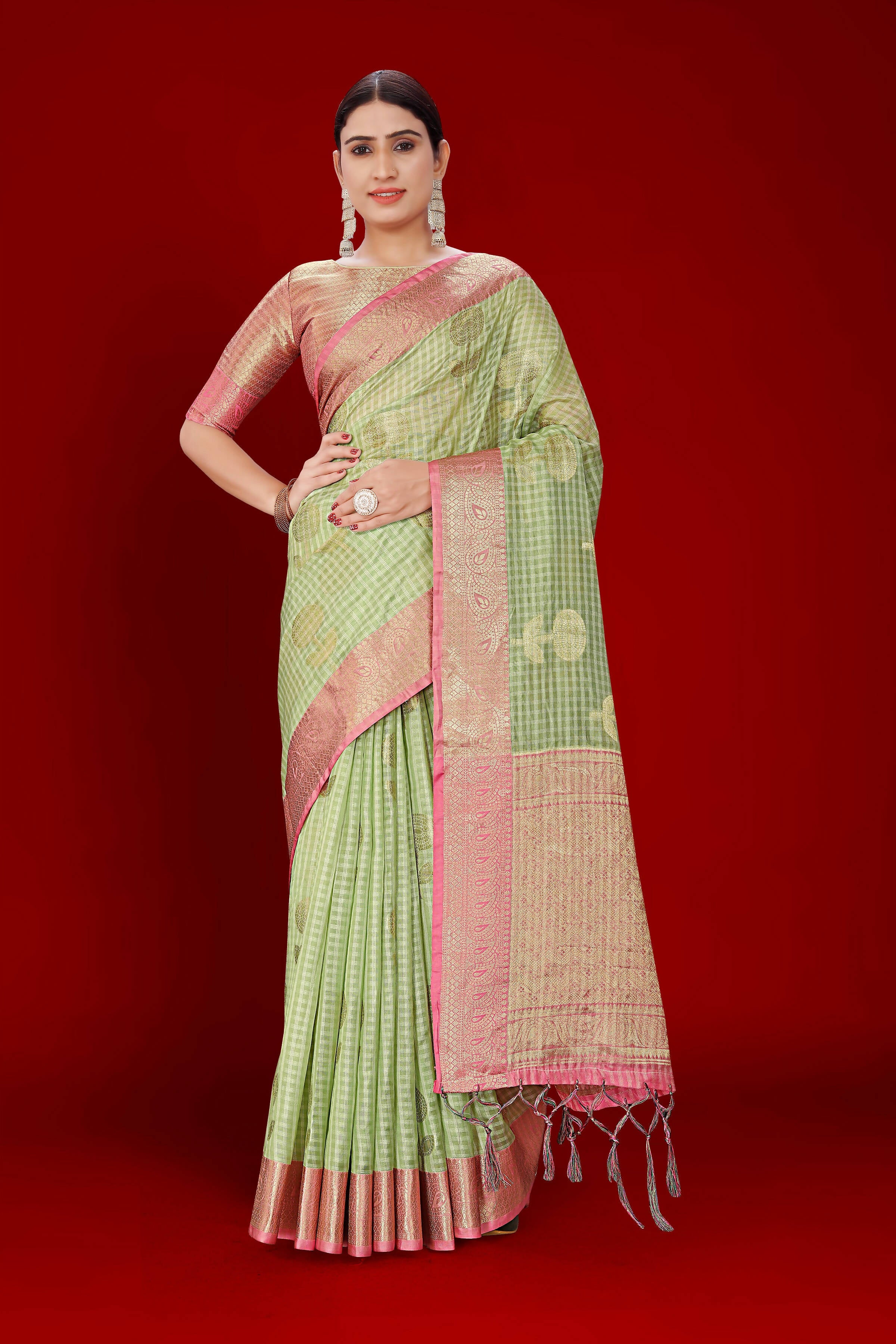Green Soft Organza Woven Design Saree With Unstitched Blouse Piece - Zaara - Distacart