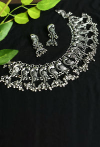 Thumbnail for Mominos Fashion Johar Kamal Oxidised Silver-Plated Brass Finish Peacock Choker For Women (Silver) - Distacart