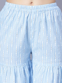 Thumbnail for Myshka Cotton Printed 3/4 Sleeve V Neck Turquoise Blue Women Sharara Set - Distacart