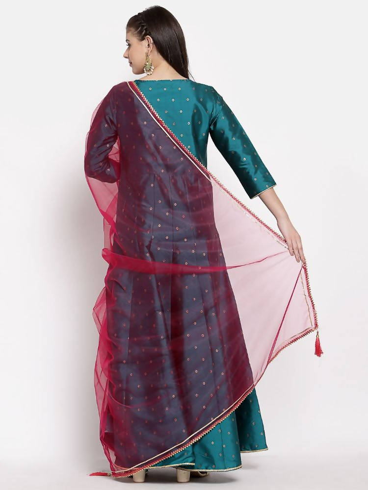 Myshka Women's Green Silk Solid 3/4 Sleeve V Neck Casual Anarkali Kurta Dupatta Set