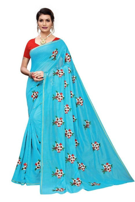 Vamika Chanderi Cotton Embroidery Sky Blue Saree (MOGRA SKYBLUE)