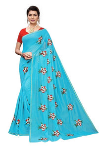 Thumbnail for Vamika Chanderi Cotton Embroidery Sky Blue Saree (MOGRA SKYBLUE)