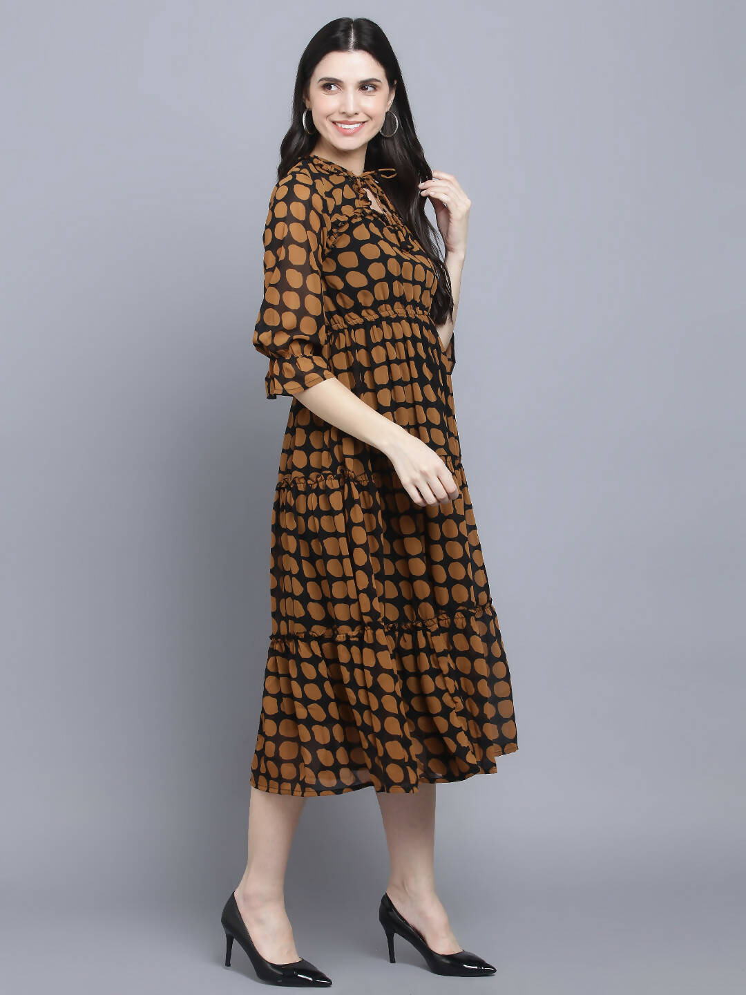 Myshka Women's Multicoloured Keyhole Neck Midi Dress - Distacart