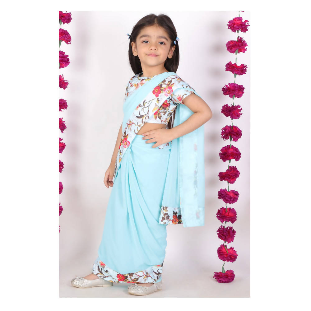 Little Bansi 90's Era Saree with Silk Floral Blouse - Sky Blue