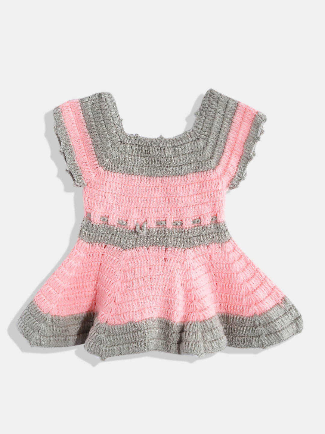 Chutput Kids Woollen Hand Knitted Short Sleeves Flower Detail Dress - Pink - Distacart