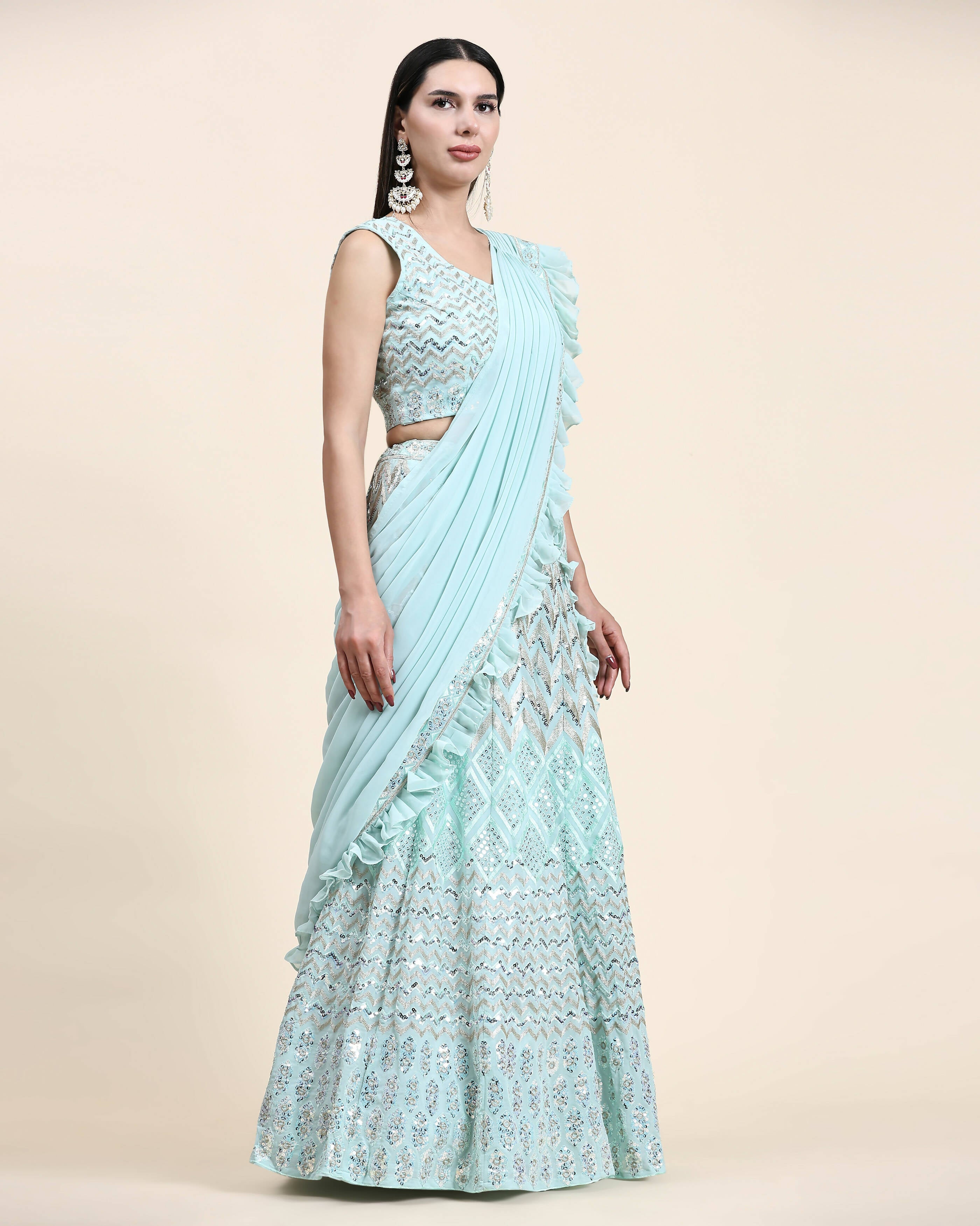 Sky Blue Pure Viscose Georgette Thread With Sequins Embroidery Work Lehenga Choli With Dupatta - Tanya - Distacart