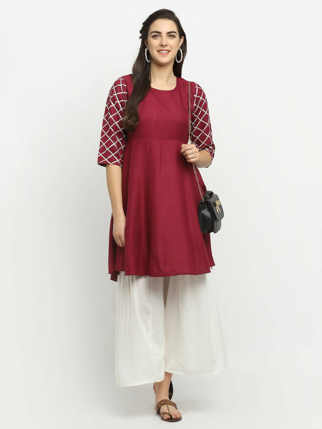 Rudra Bazaar Wine Lace Work Flared Kurti with Sharara - Distacart