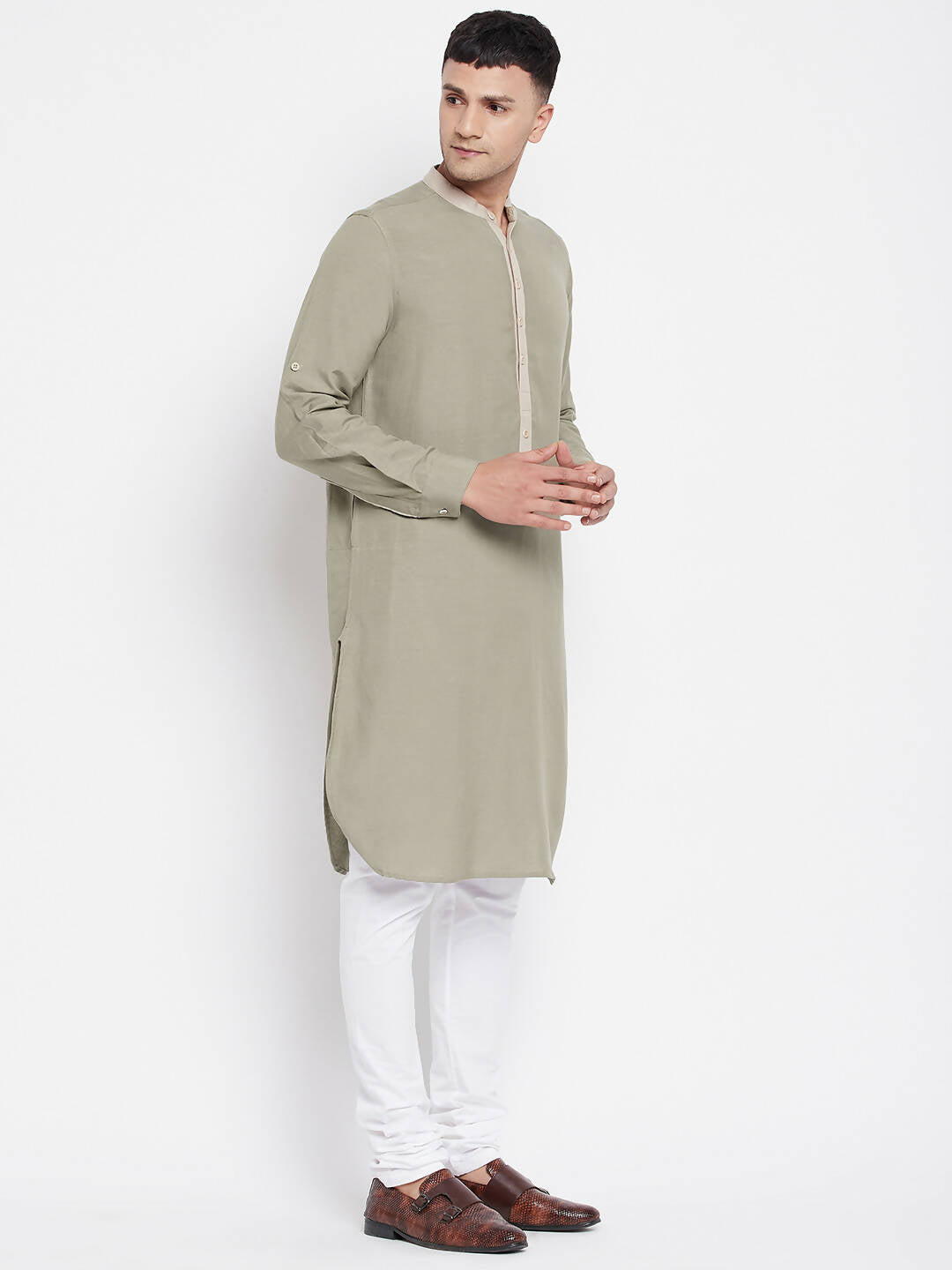 Even Apparels Green Pure Cotton Men's Kurta With Contrast Collar And Placket - Distacart