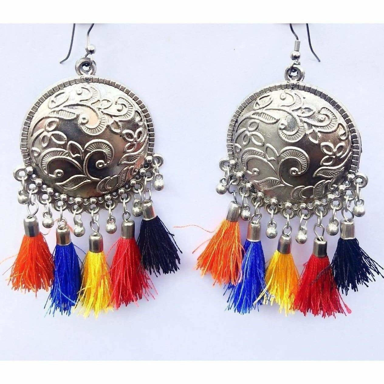 Traditional Collection Chandbali Silver Multi Silk Threads Tassel Earrings