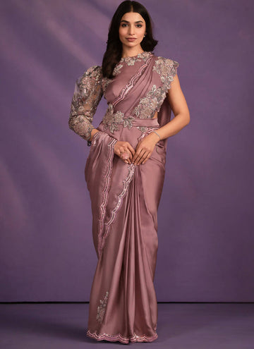 Pyaji Crepe Satin Silk Embroidered Saree With Stitched Blouse - Mohmanthan Exotica - Distacart