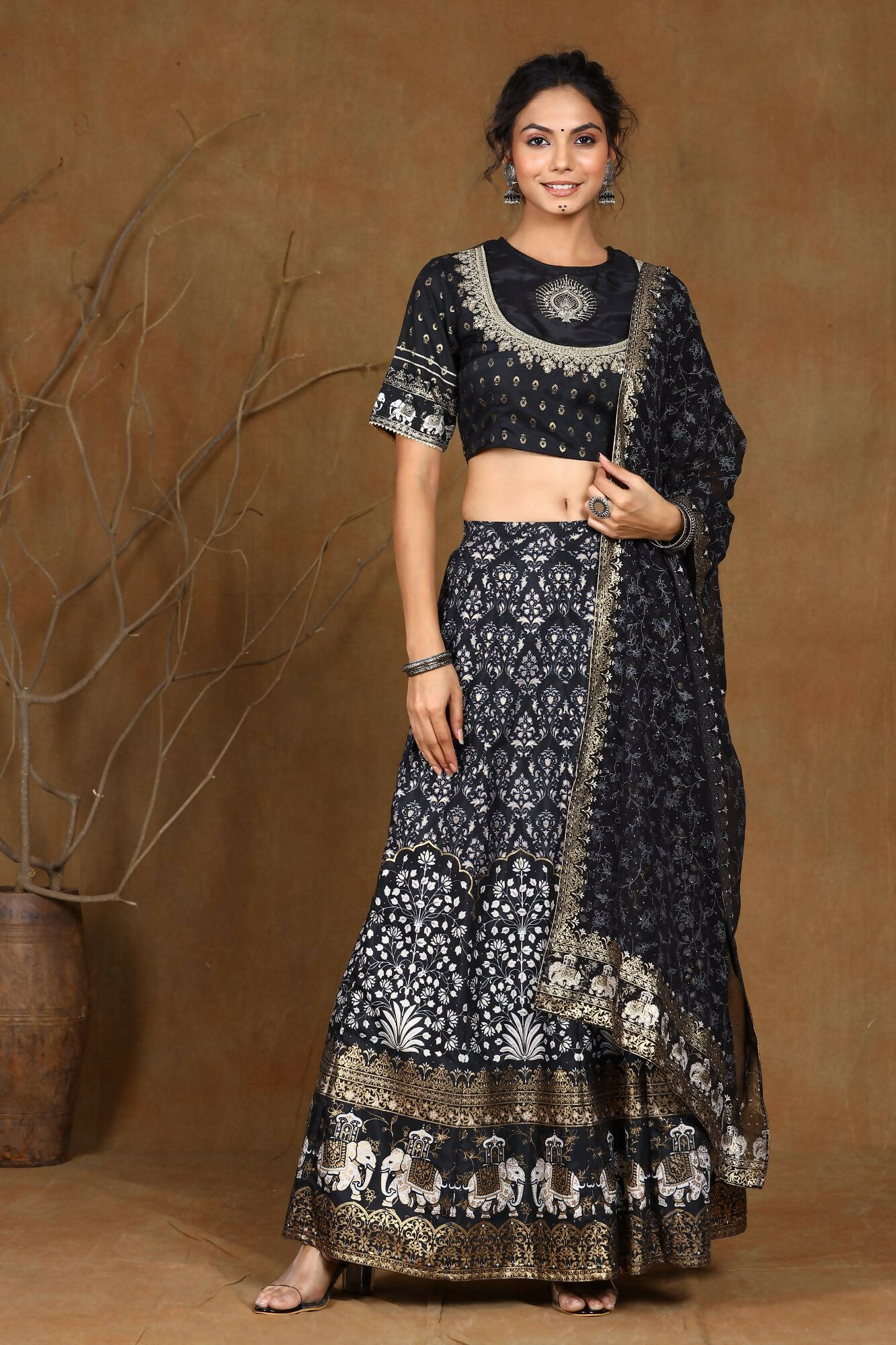 Juniper Women Black Shantoon Embroidered Flared Lehenga Choli Sets - Distacart