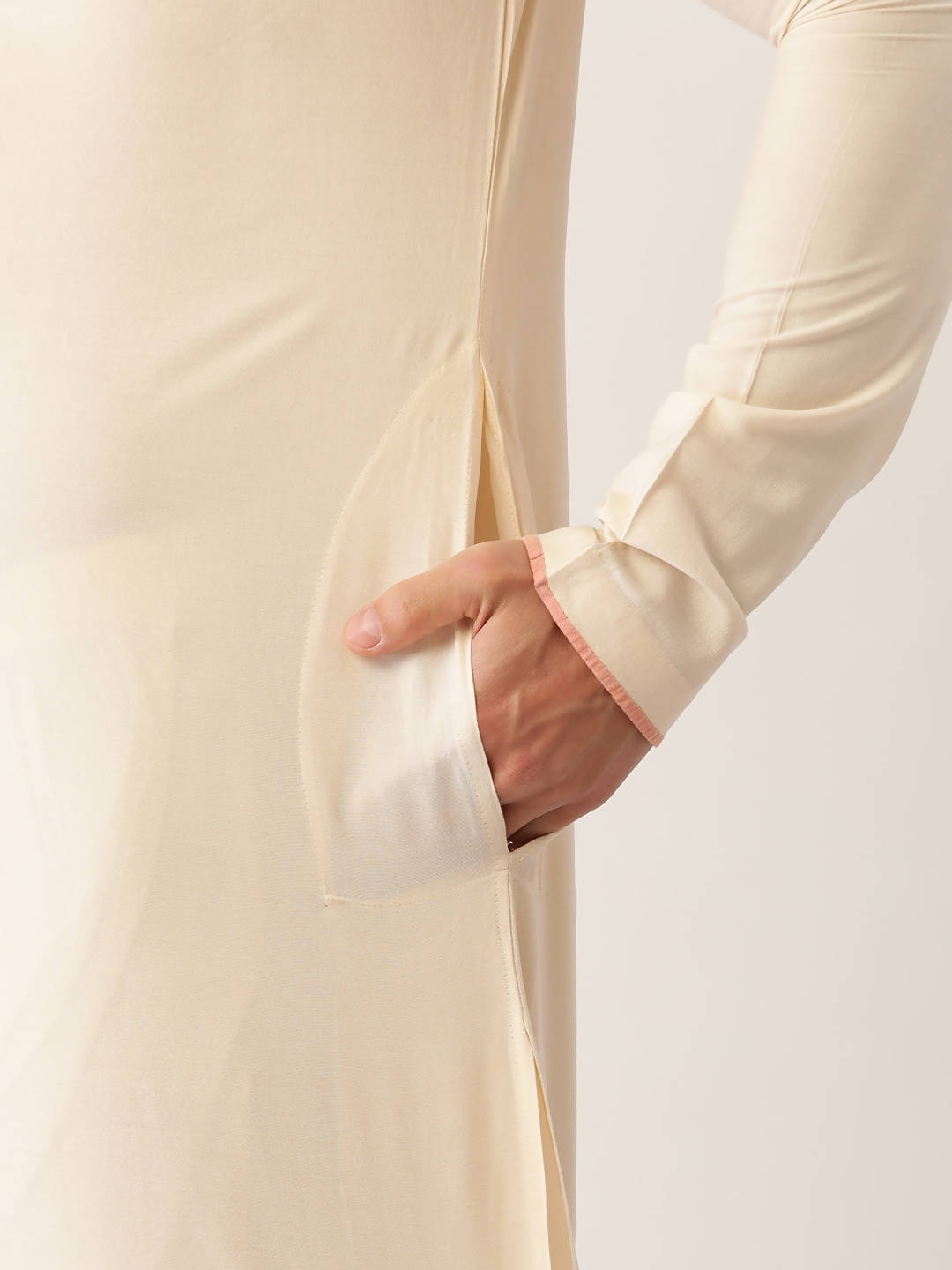 Manyavar Men Peach & Cream Coloured Woven Jacquard Kurta with Churidar & Nehru Jacket - Distacart