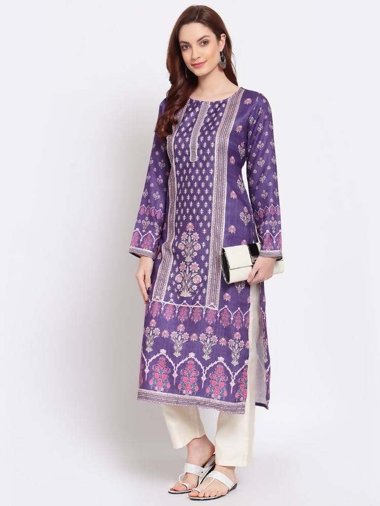 Myshka Women's Purple Printed Pashmeena Full Sleeve Round Neck Casual Kurta