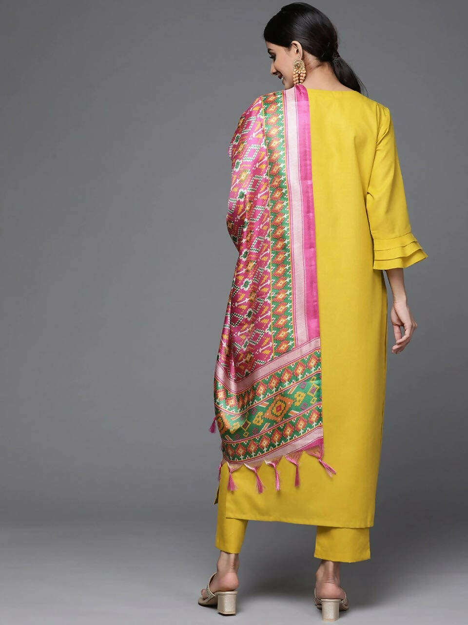 Varanga Women Mustard Yellow Yoke Design Mirror Work Cotton Kurta With Trousers & Dupatta - Distacart