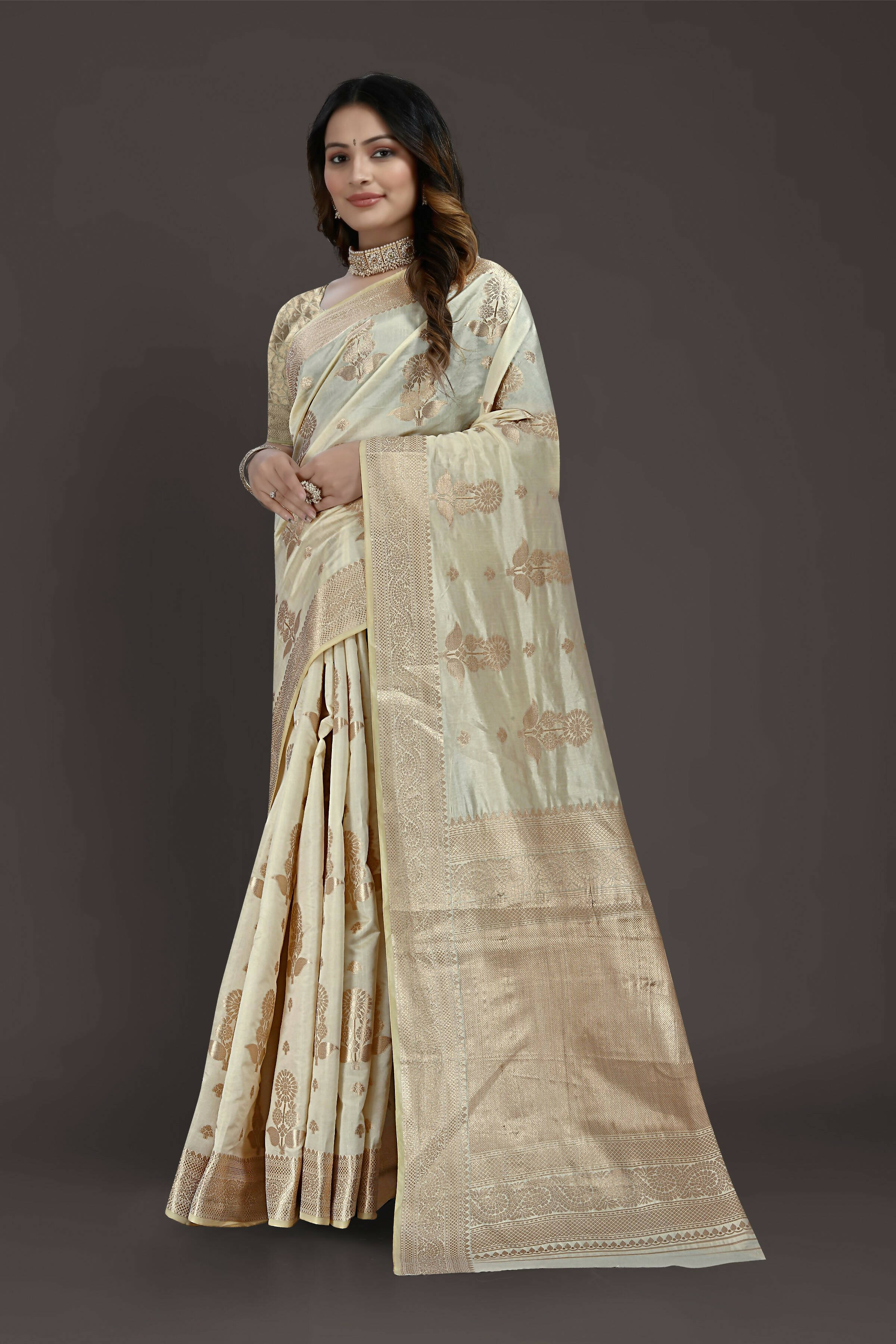 Off White Pure Raw Silk Zari Woven Saree with Unstitched Blouse Piece - Alisha - Distacart