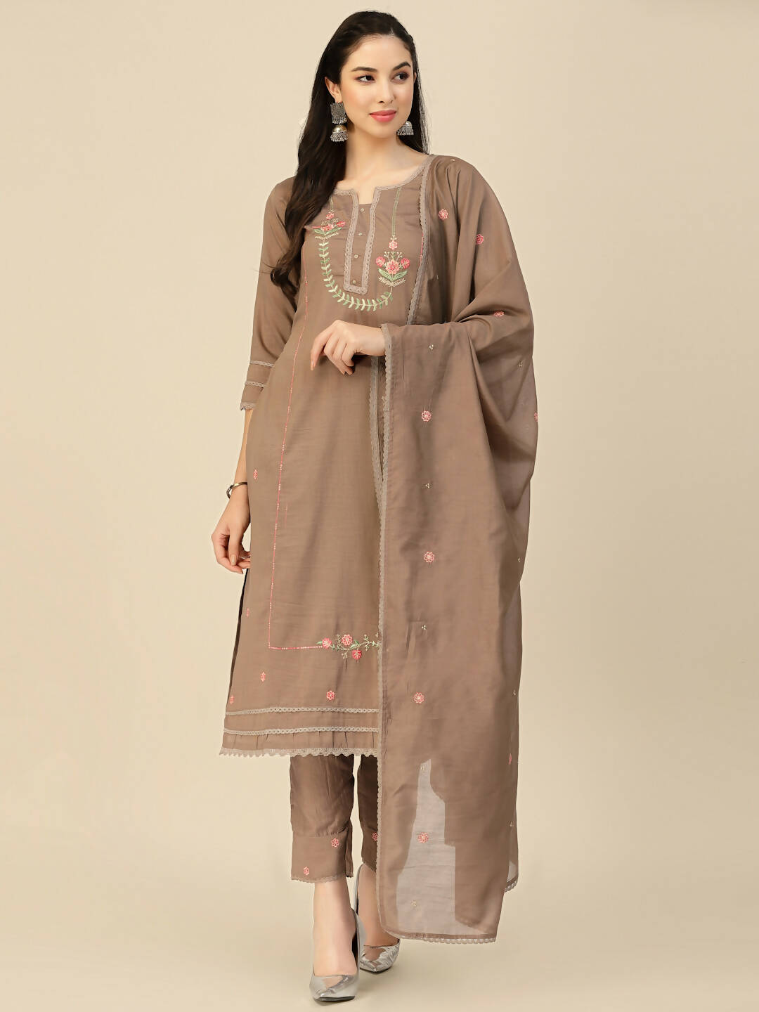 Brown Embroidered Chinon Straight Kurta With Trouser & Dupatta - Salimar - Distacart
