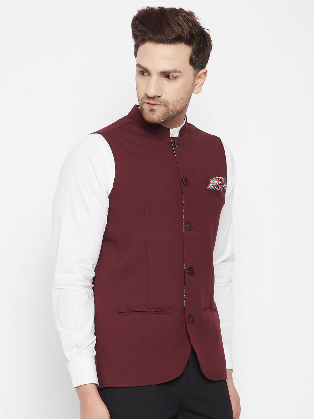 Even Apparels Maroon Merino Men's Nehru Jacket-Contrast Lining-Inbuilt Pocket Square - Distacart