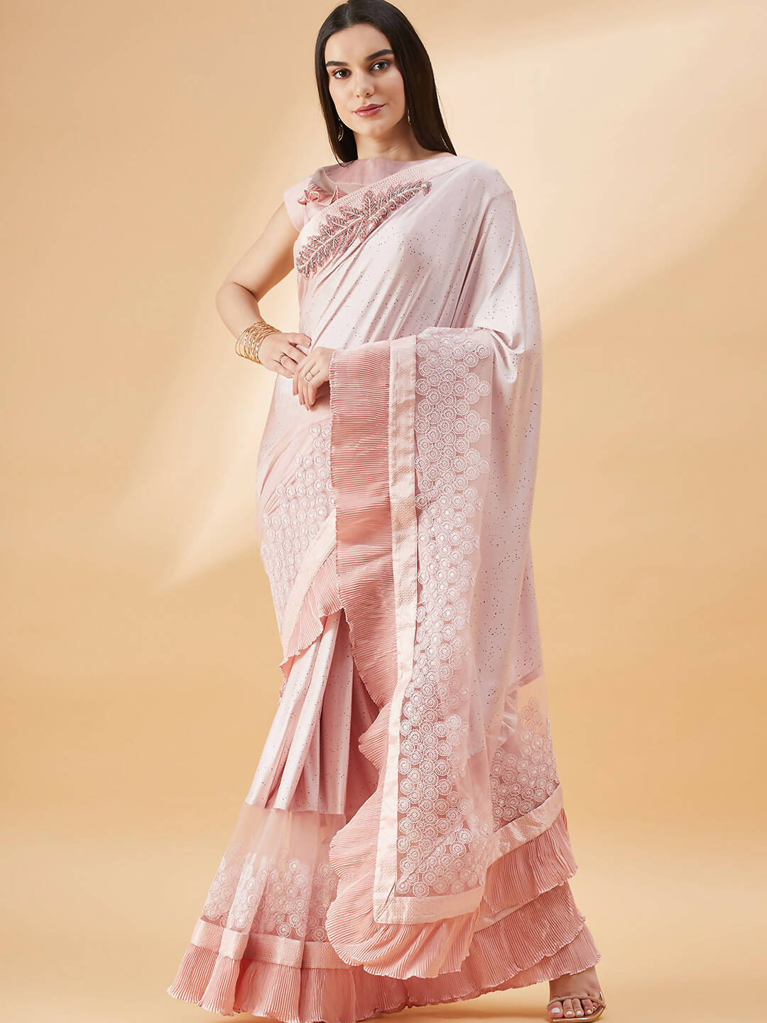 Pink Lycra Frill Details, Hand Embroidered Brooch Saree - Norita Hit Design - Distacart