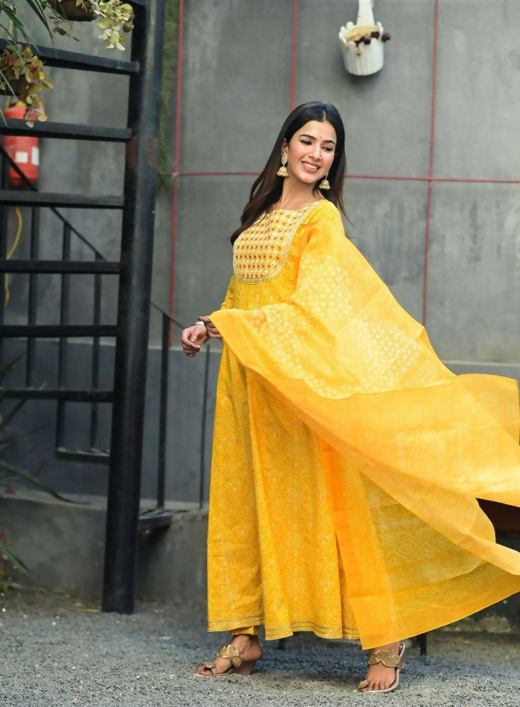 Yufta Women Mustard Handblock Printed Kurta with Trouser & Dupatta