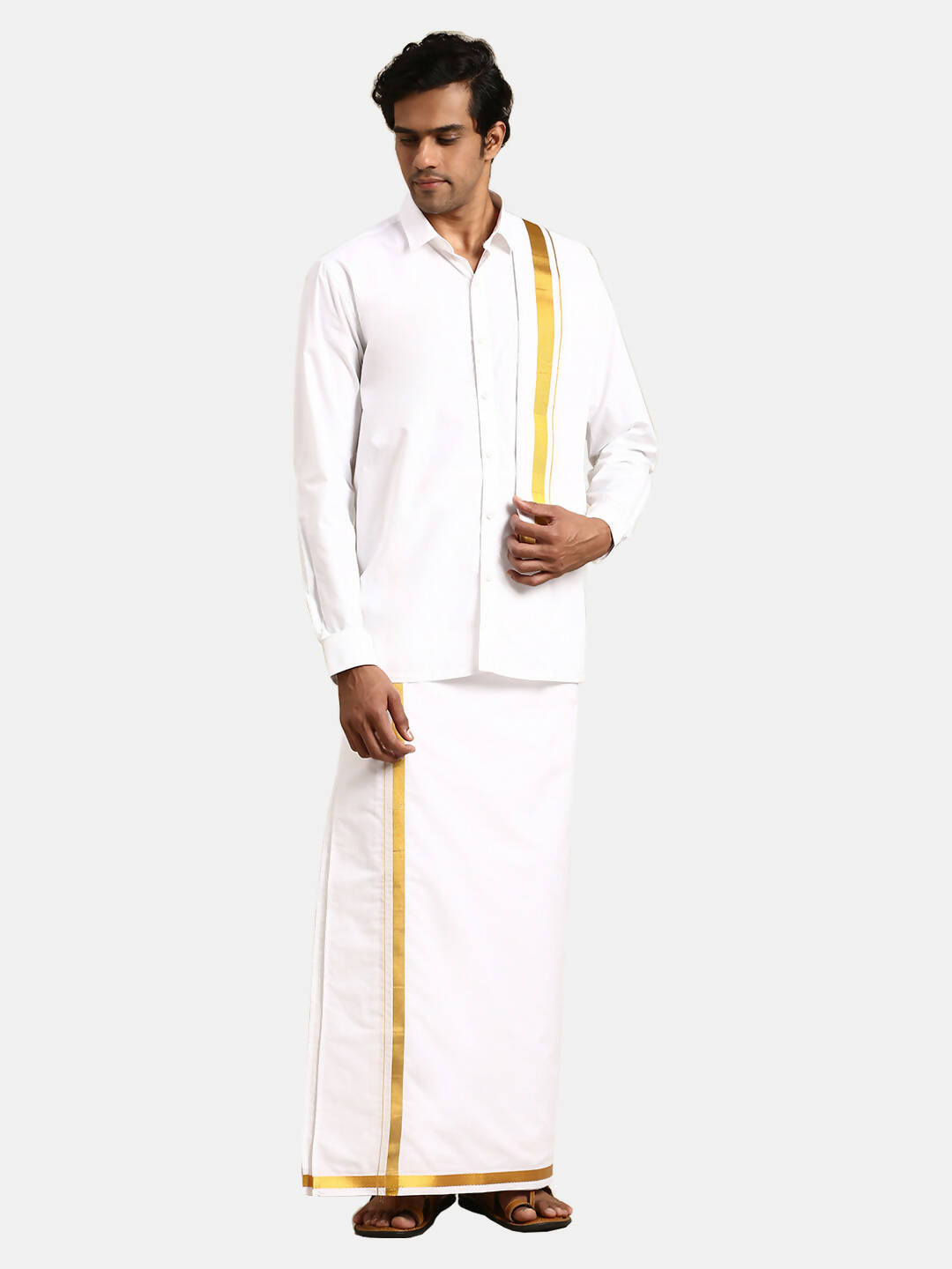 Ramraj Cotton Mens 1/2 " Poly Cotton 3 In 1 Dhoti, Towel And Dhoti Belt Set - White - Distacart