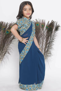 Thumbnail for Little Bansi Floral Print Ready To Wear Saree And Floral Blouse - Blue - Distacart