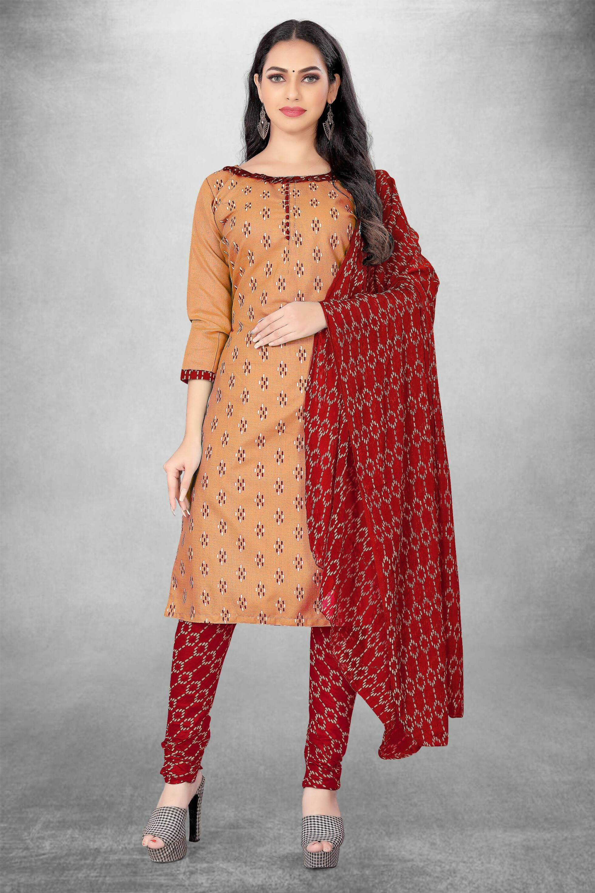 Beige Cotton Printed Unstitched Dress Material - Amara - Distacart