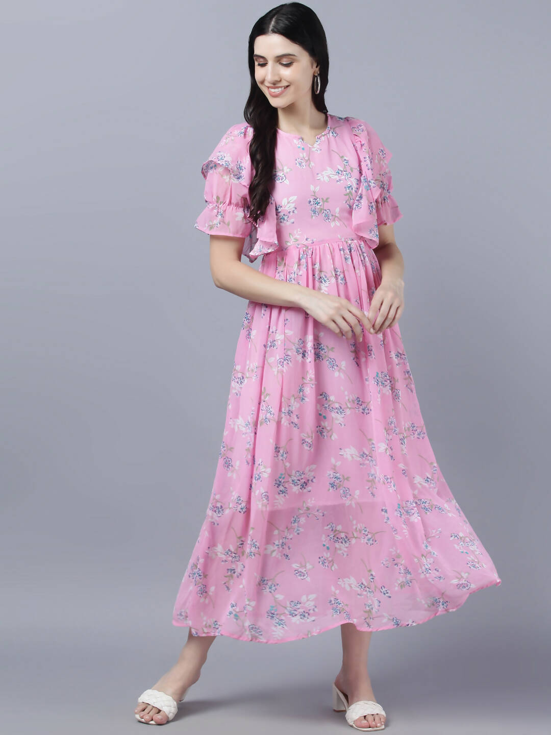 Myshka Women Pink Printed Fit and Flare Dress - Distacart