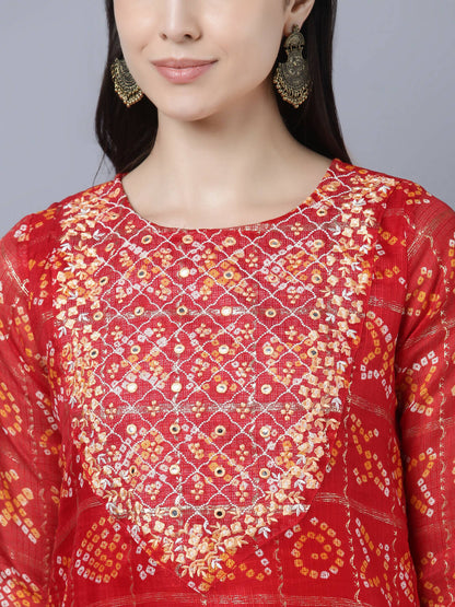 Myshka Women Red Yellow Bandhani Printed Mirror Work Kurta - Distacart