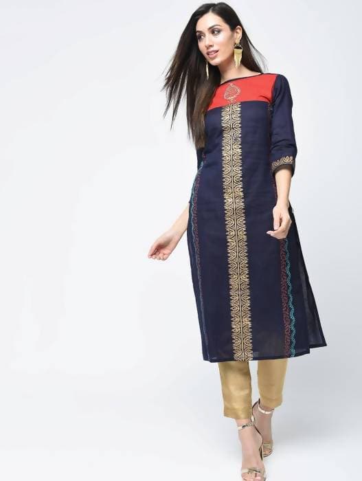 Aniyah Cotton Block Printed Stylish Blue Straight Kurta (AN-121K)