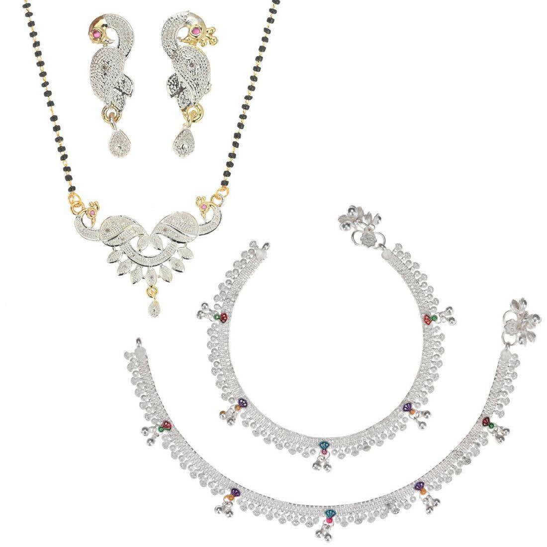 AanyaCentric Gold-plated Mangalsutra Pendant Earring Set & Silver Plated Anklet - Distacart