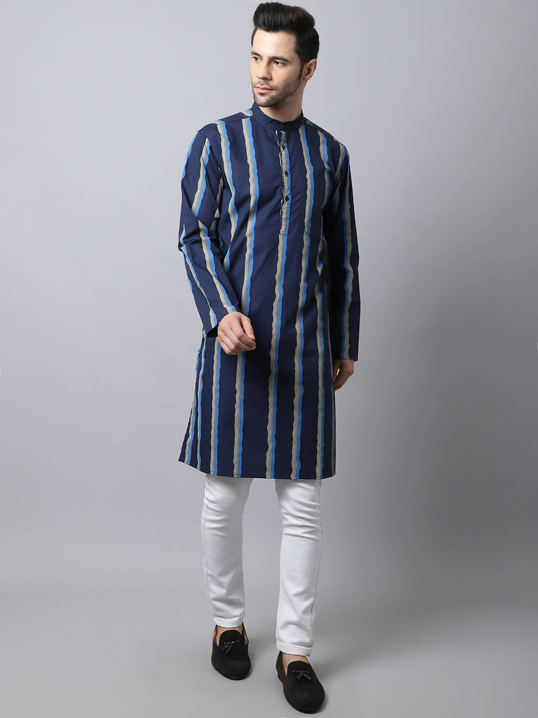 Even Apparels Navy Pure Cotton Men's Kurta With Band Collar - Distacart