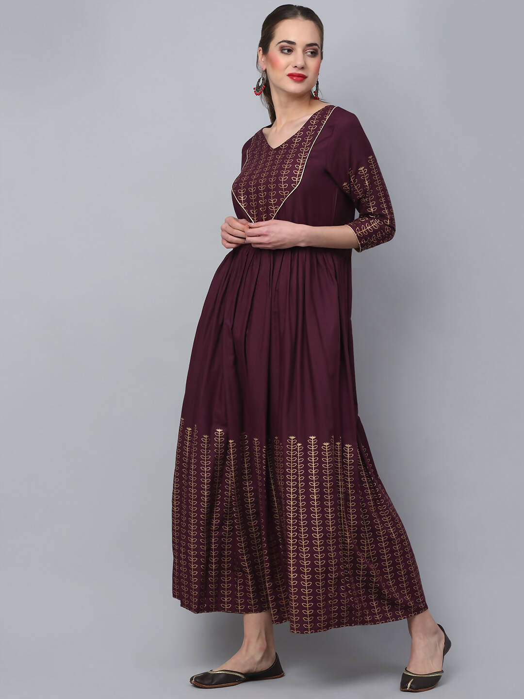 Rudra Bazaar Gold Printed A-Line Flared Brown Kurti - Distacart