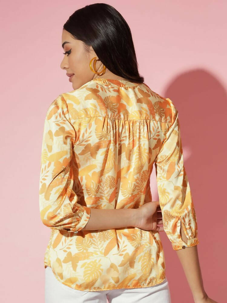 Myshka Women Mustard Floral V-Neck Regular Sleeves Polyester Top - Distacart