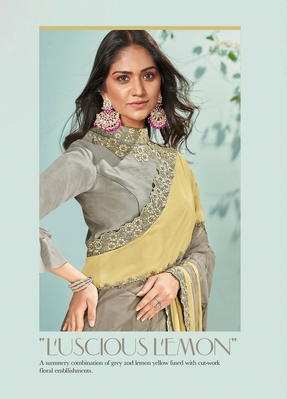 Yellow & Grey Silk Glitter Georgette Texture Saree With Unstitched Blouse Piece - Norita Ikshita - Distacart