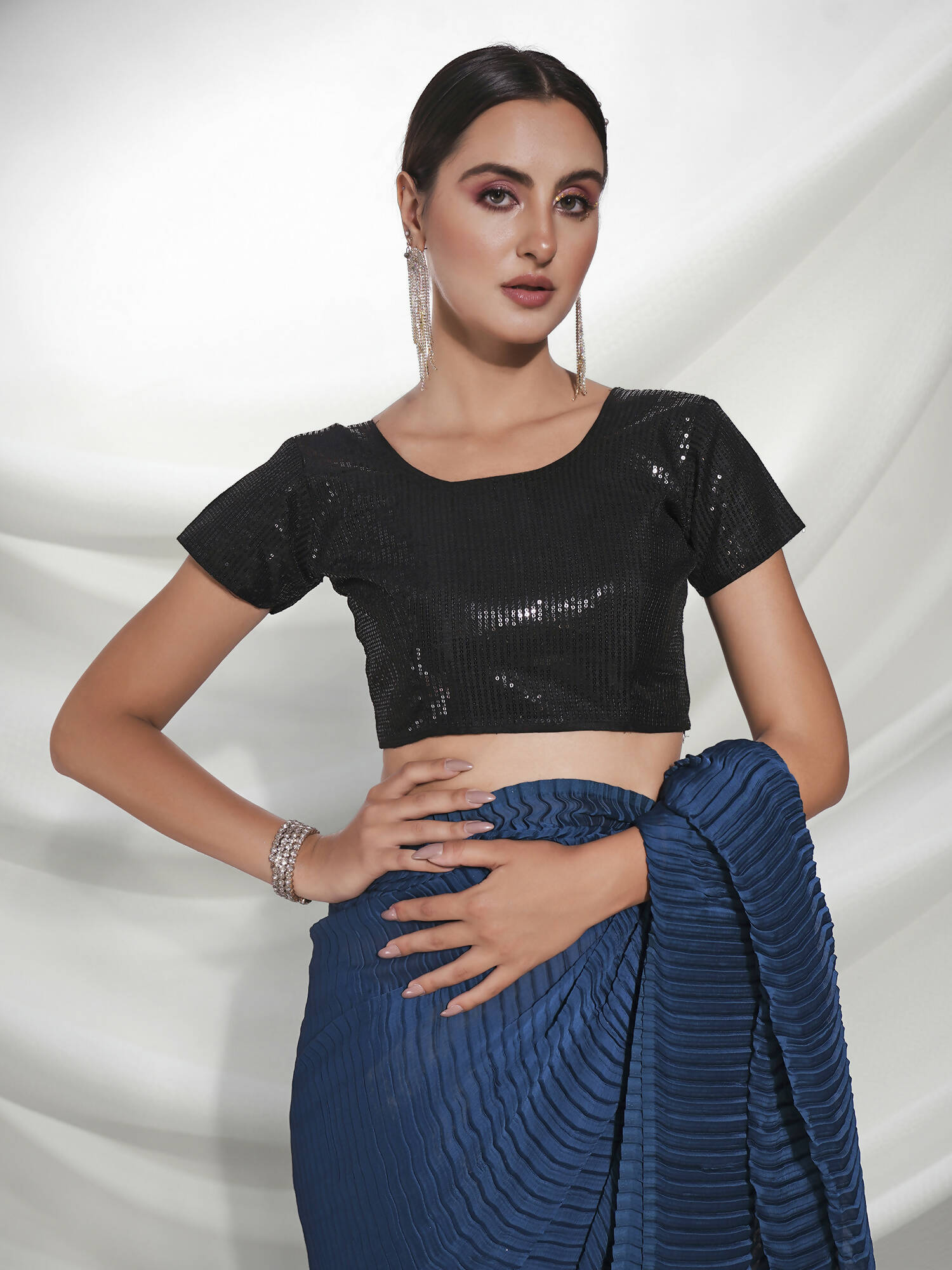 Teal Georgette Solid Texture Saree With Unstitched Blouse Piece - Rajal - Distacart