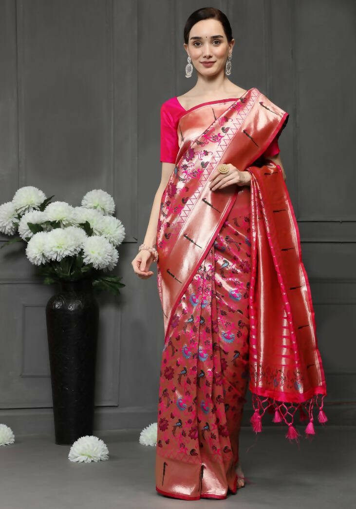 Vishnu Weaves Women's Pink Paithani Silk Zari Woven Saree with Unstitched Blouse - Distacart