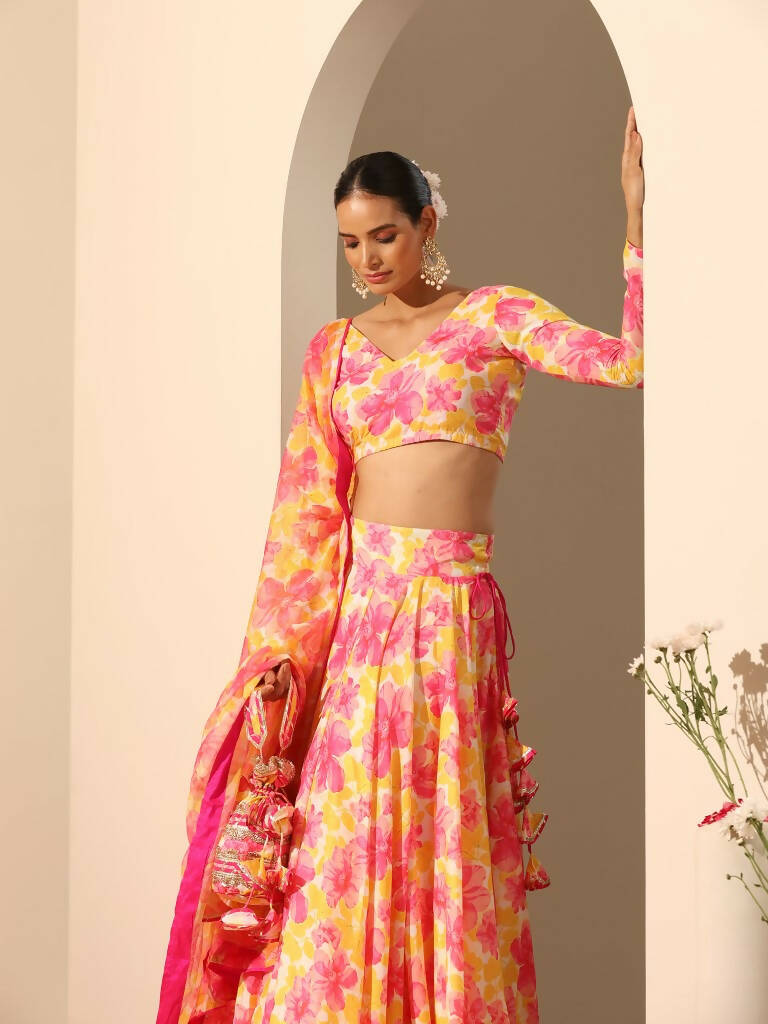 Pomcha Jaipur Yellow Gul Rangrez Lehenga Set - Distacart
