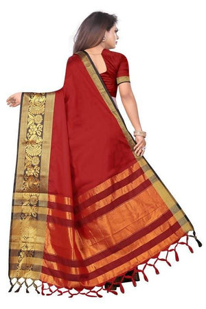 Vamika Banarasi Cotton Silk Weaving Red Saree (DOCTOR MOR RED)