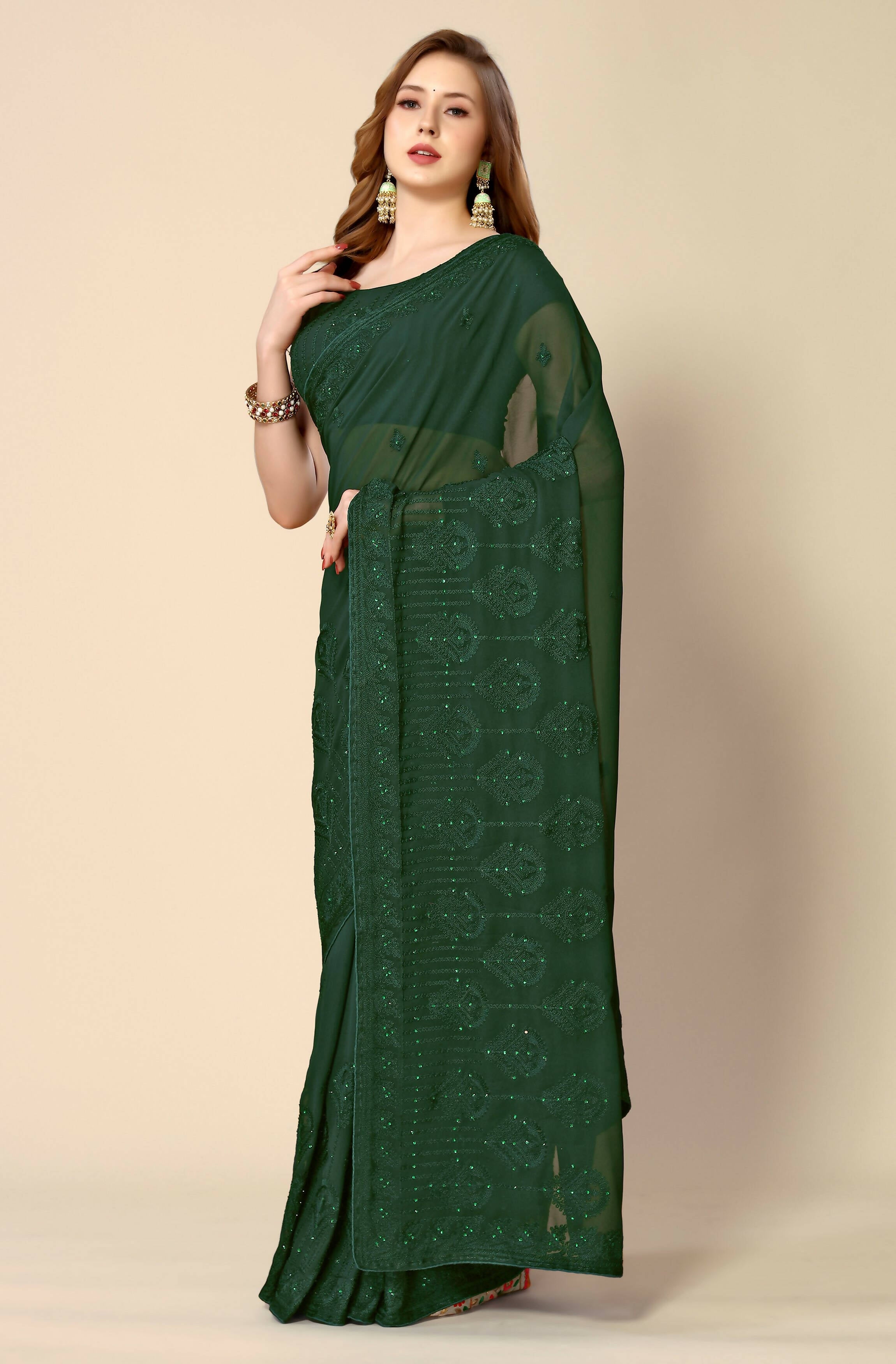 Green Georgette Embroidered and Stone Work Saree with Unstitched Blouse Piece - Roozal - Distacart