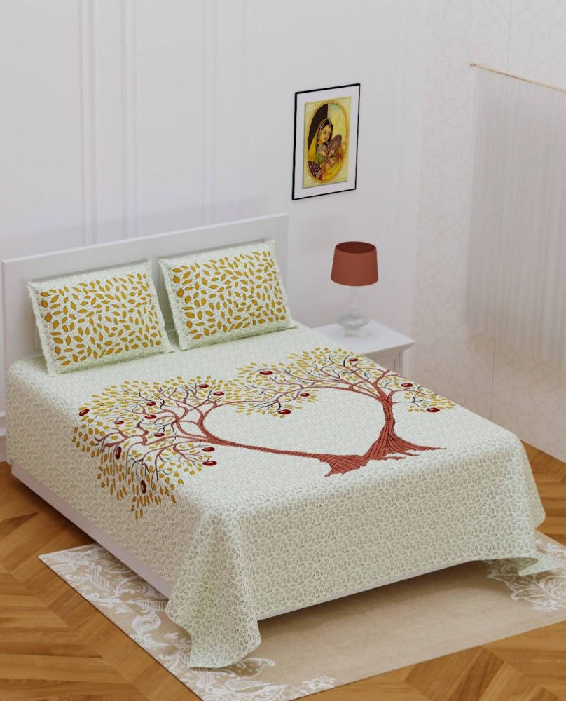 Vamika Printed Cotton Cream Tree Design Bedsheet With Pillow Covers