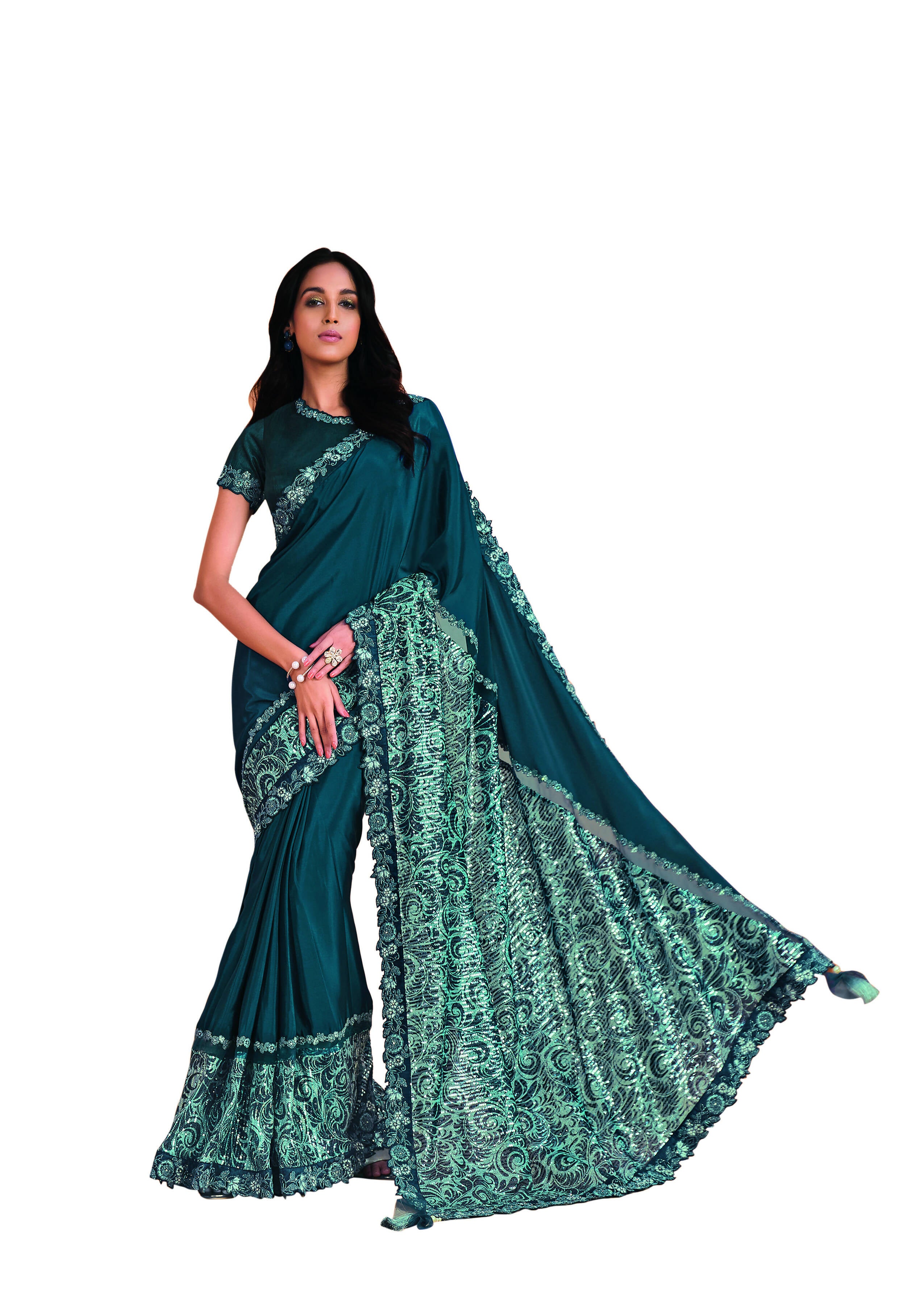 Teal Satin Crepe Silk Sequence Embroidered Saree With Unstitched Blouse - Mohmanthan Yavanika - Distacart